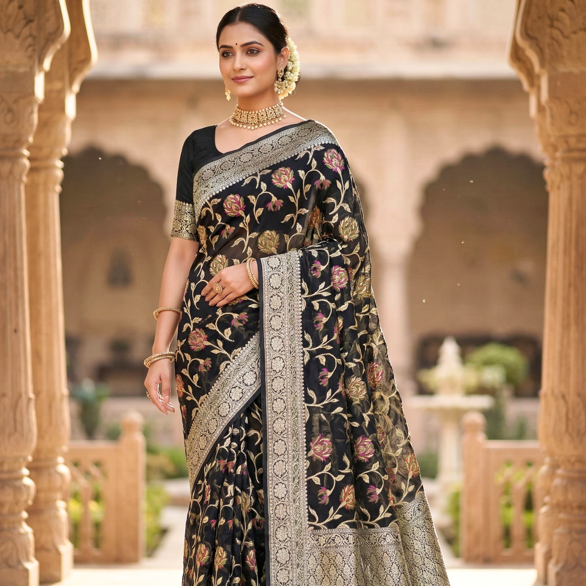 Black Meenakari work Banarasi Silk Saree Alna Apparels