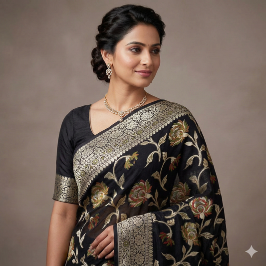 Black Meenakari work Banarasi Silk Saree Alna Apparels