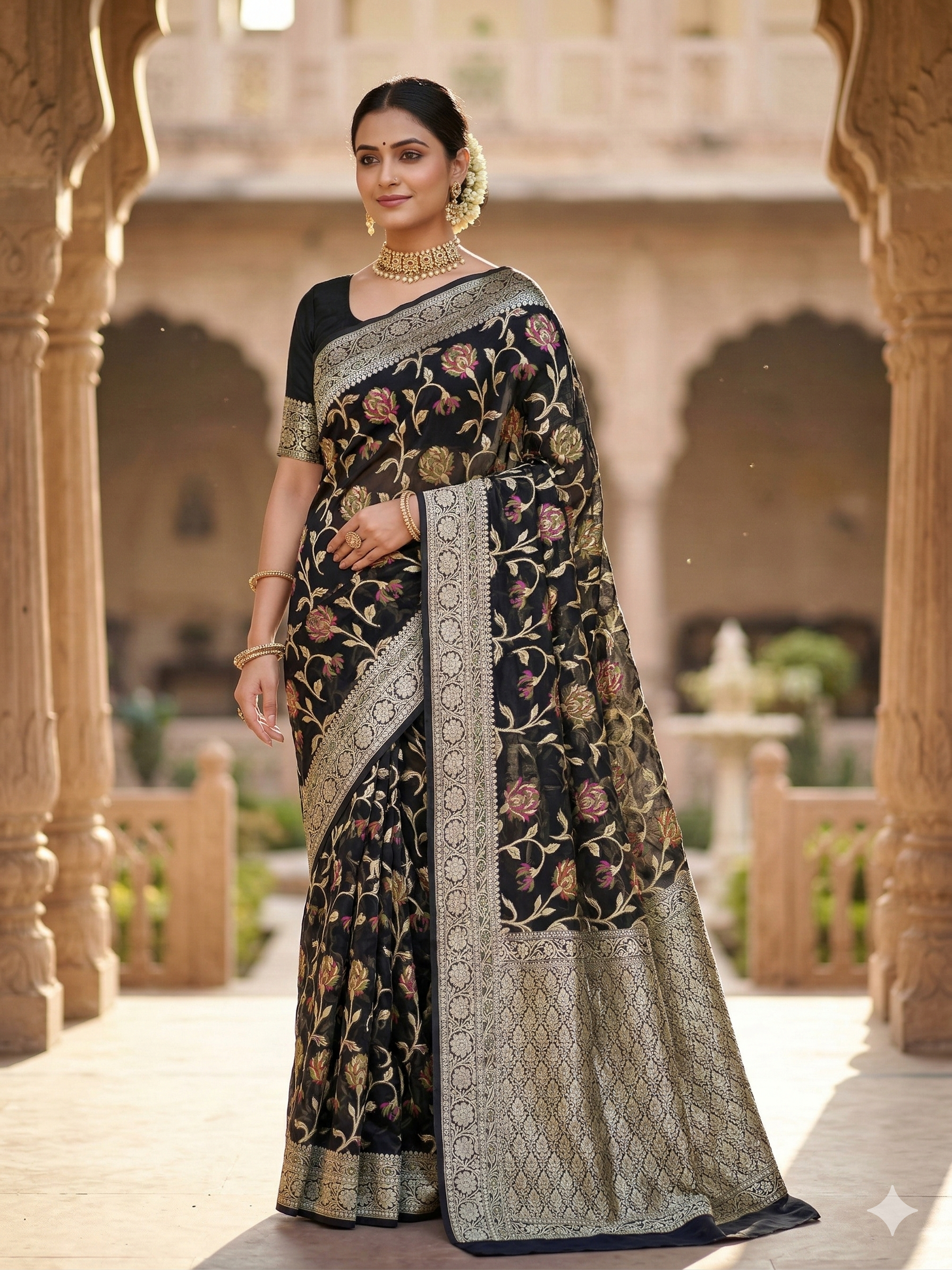 Black Meenakari work Banarasi Silk Saree Alna Apparels