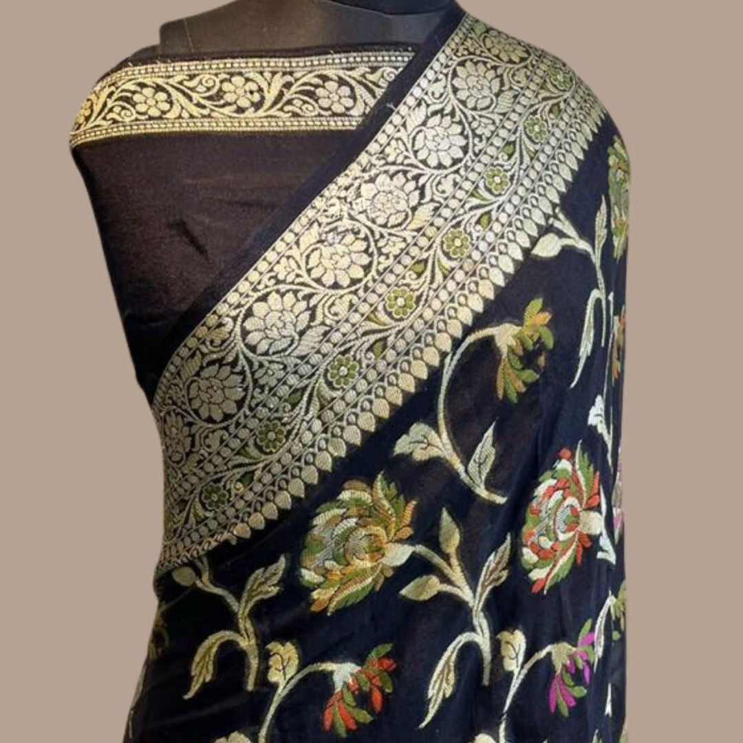 Black Meenakari work Banarasi Silk Saree - Alna Apparels