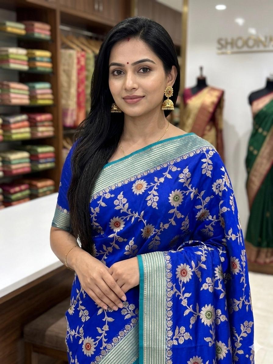 Blue Banarasi Kathan Silk Saree with Meenakari Work Alna Apparels