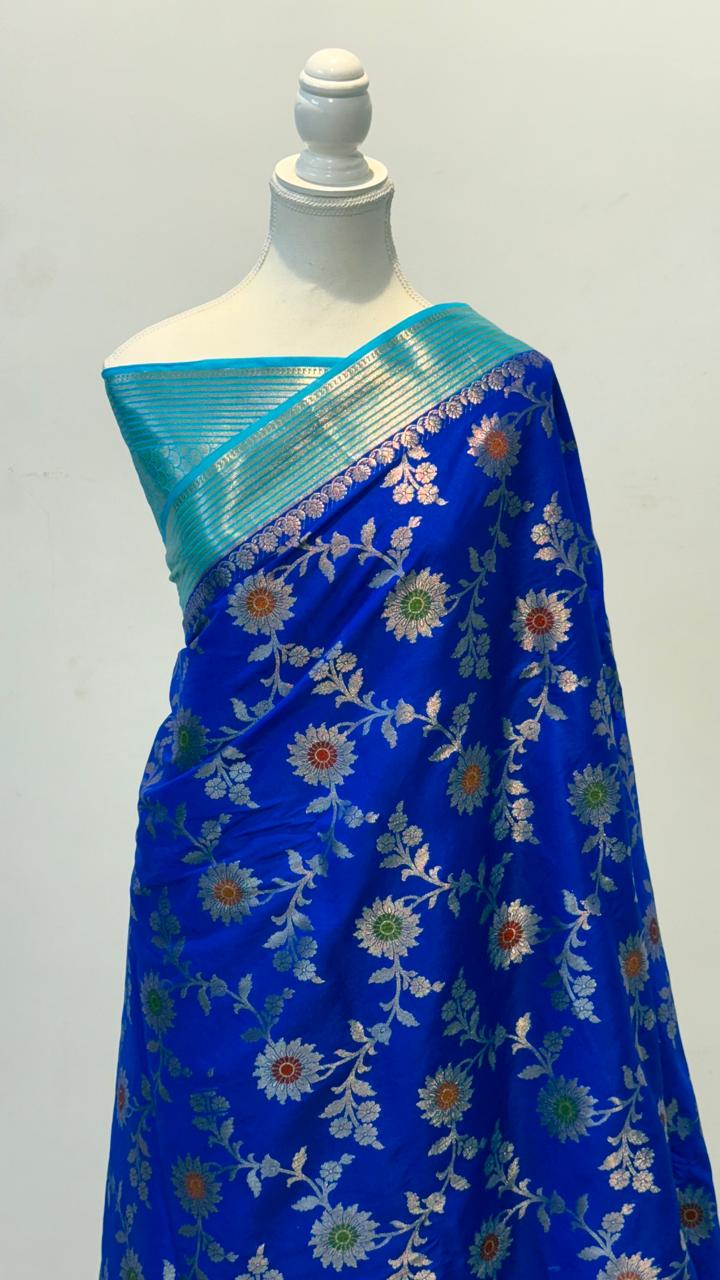 Blue Banarasi Kathan Silk Saree with Meenakari Work Alna Apparels