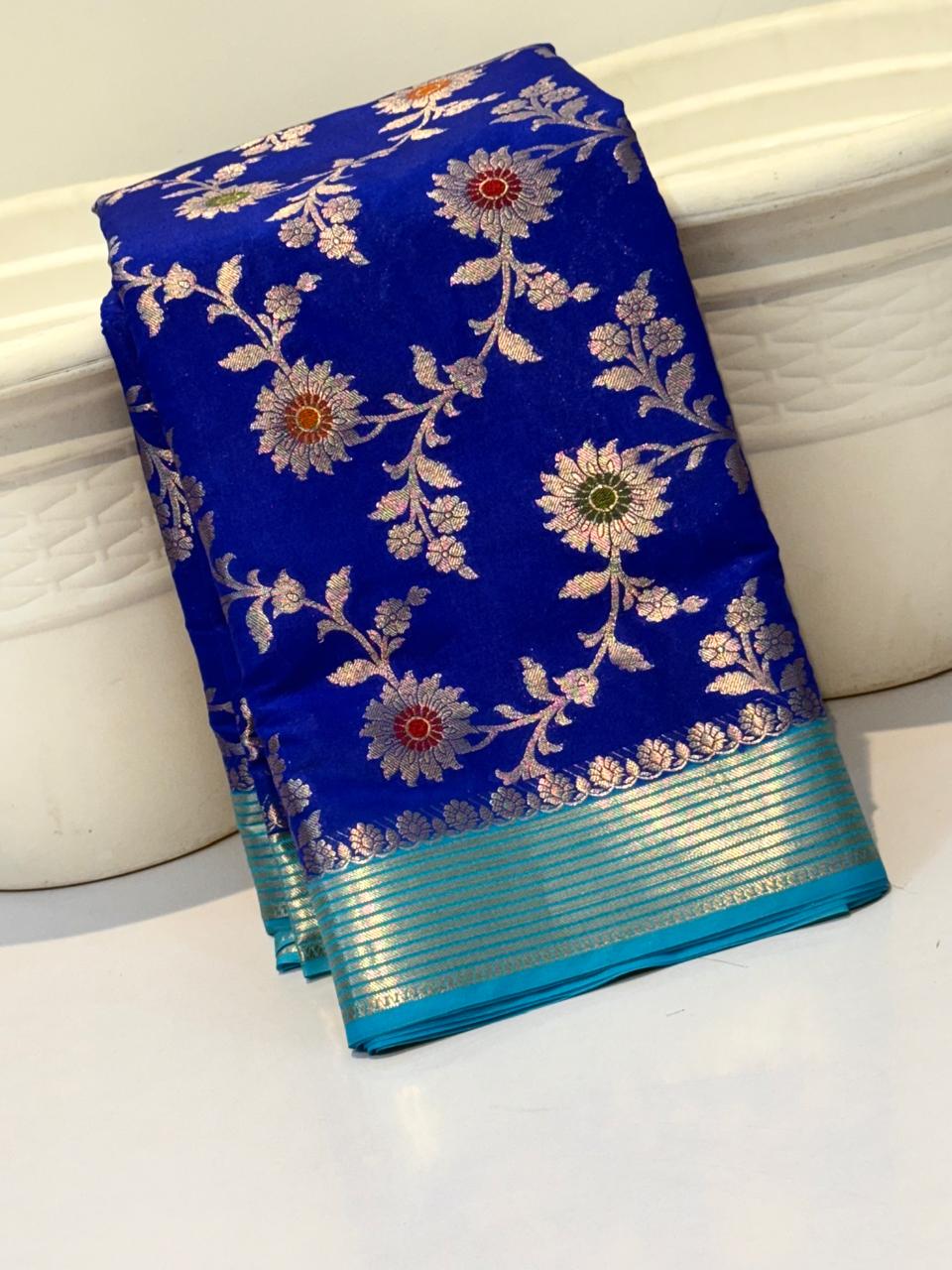Blue Banarasi Kathan Silk Saree with Meenakari Work Alna Apparels
