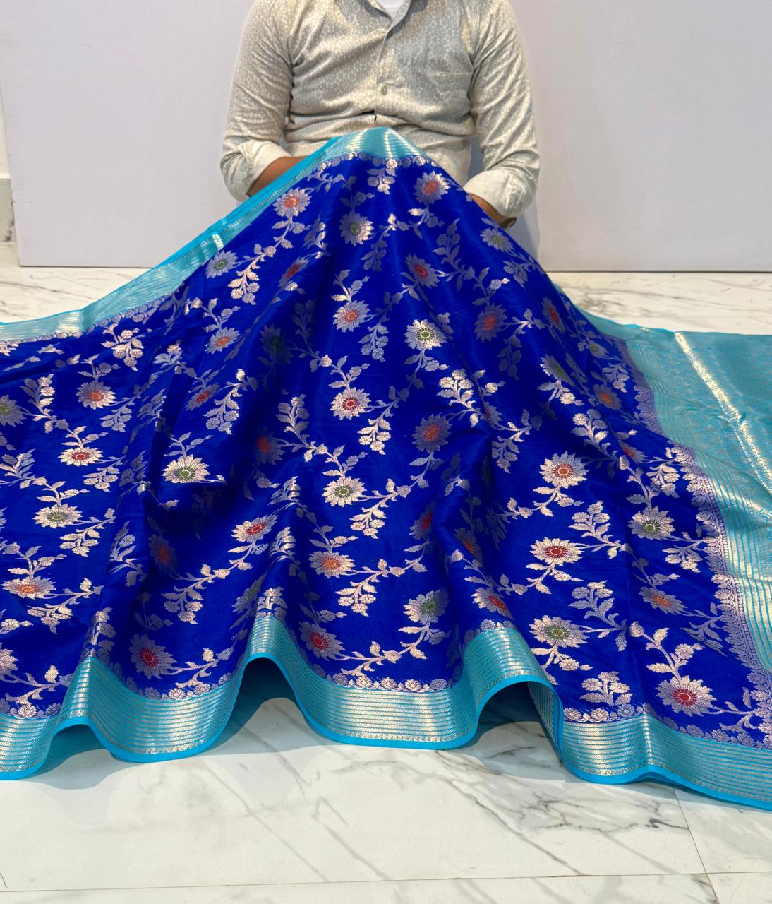 Blue Banarasi Kathan Silk Saree with Meenakari Work Alna Apparels