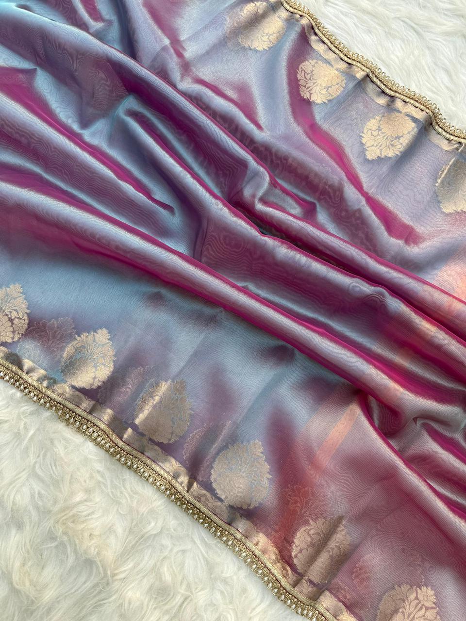 Blue Color Banarasi Tissue Silk Saree With Lace Work Alna Apparels