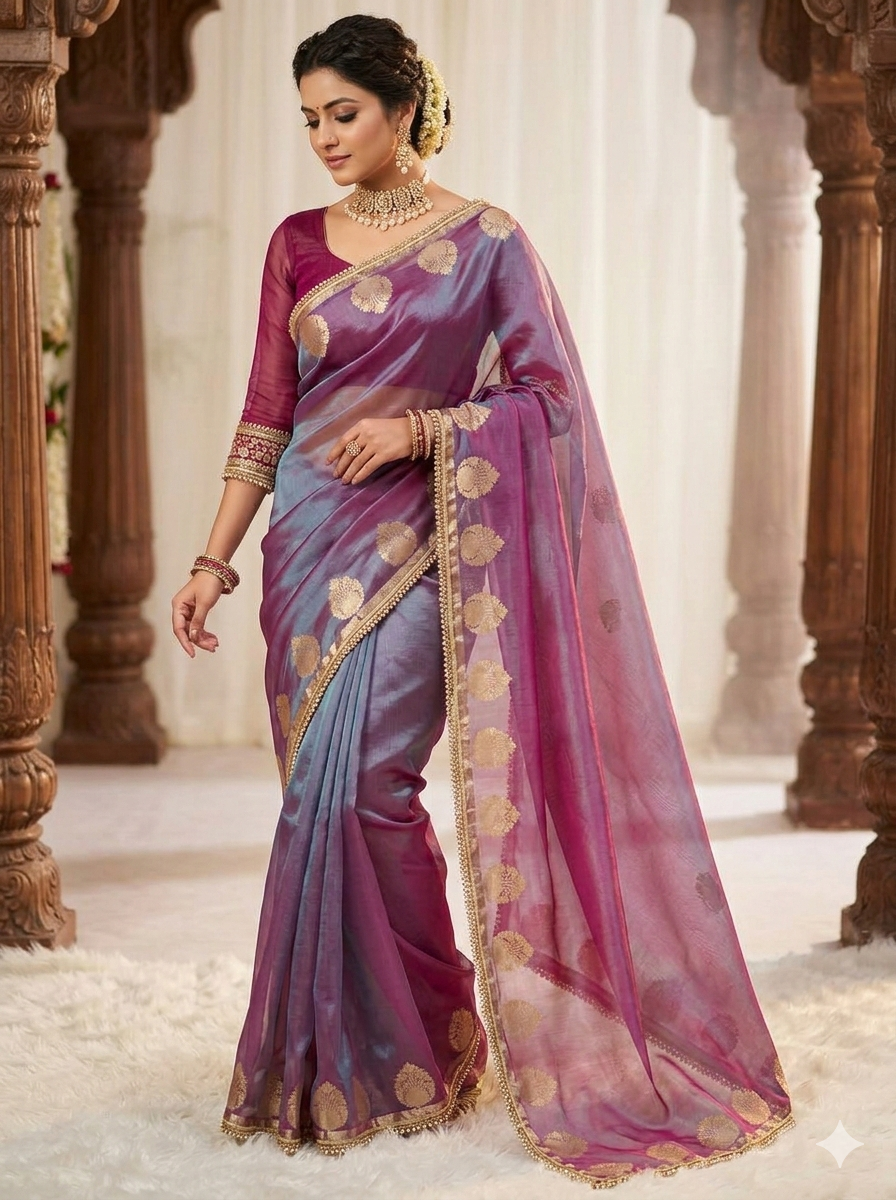 Blue Color Banarasi Tissue Silk Saree With Lace Work Alna Apparels
