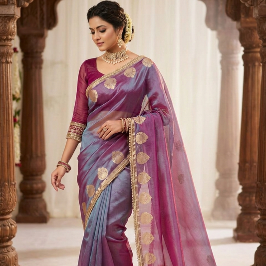 Blue Color Banarasi Tissue Silk Saree With Lace Work Alna Apparels