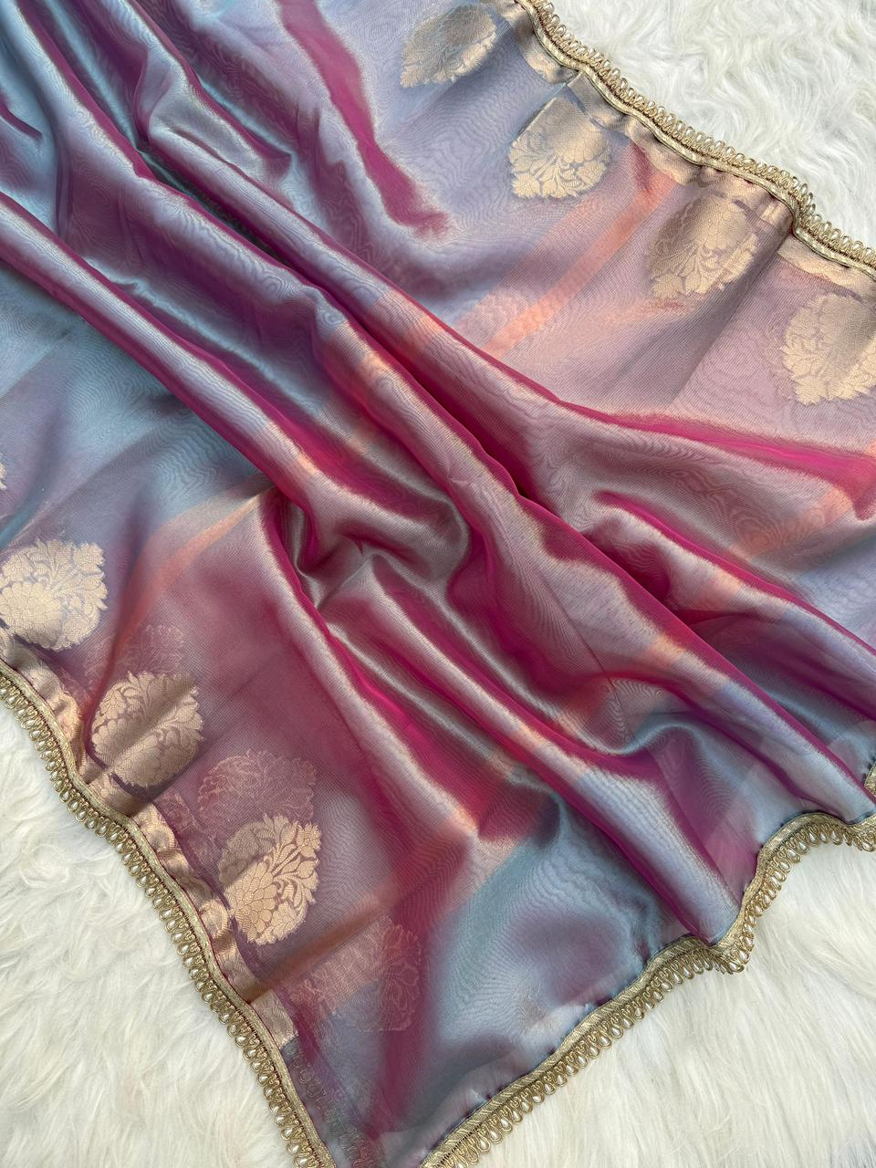 Blue Color Banarasi Tissue Silk Saree With Lace Work Alna Apparels