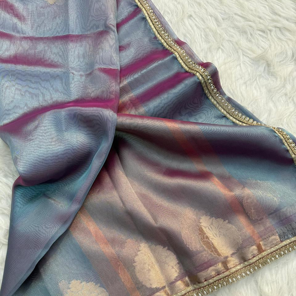 Blue Color Banarasi Tissue Silk Saree With Lace Work Alna Apparels