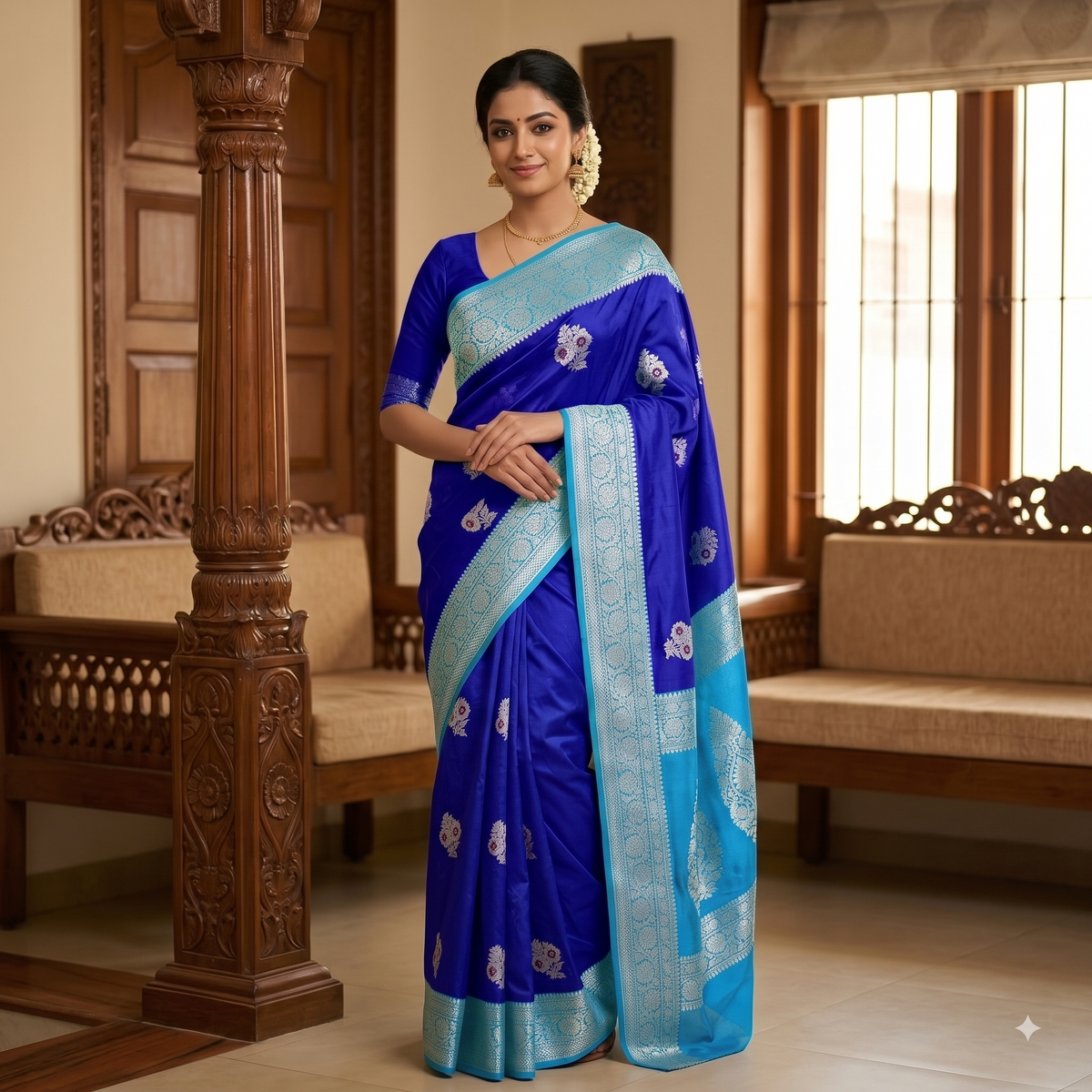 Blue Banarasi Georgette Meenakari Soft Silk Saree Alna Apparels
