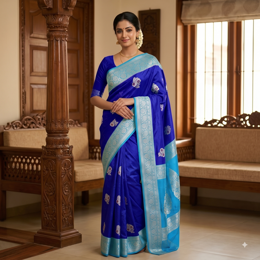 Blue Banarasi Georgette Meenakari Soft Silk Saree Alna Apparels