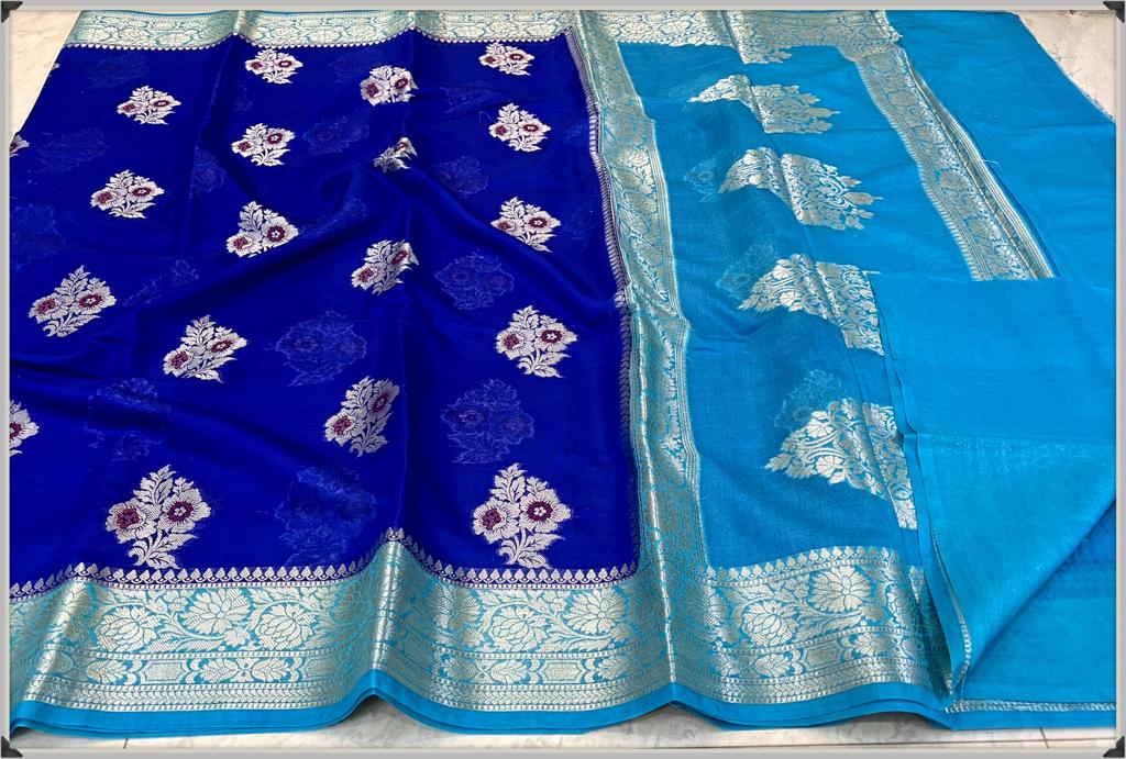 Blue Banarasi Georgette Meenakari Soft Silk Saree - Alna Apparels