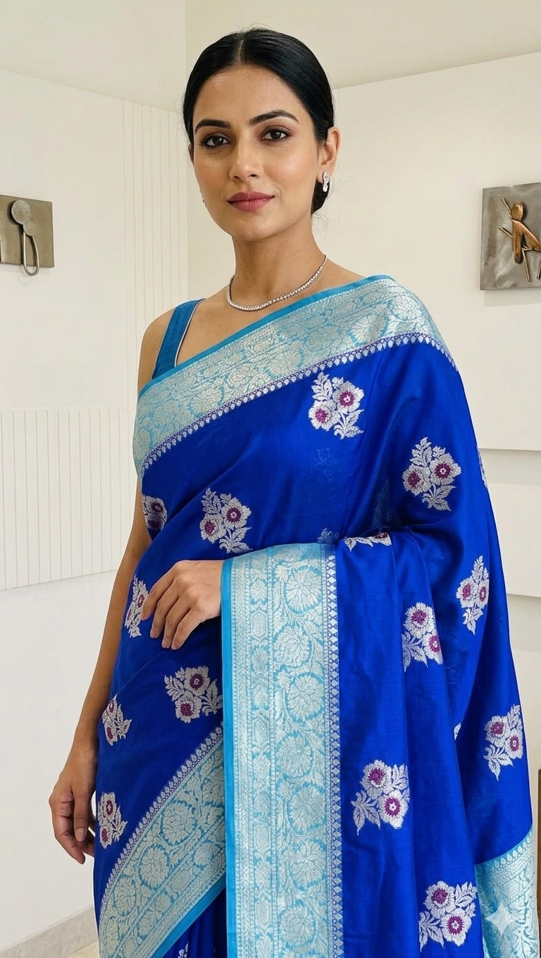 Blue Banarasi Georgette Meenakari Soft Silk Saree Alna Apparels