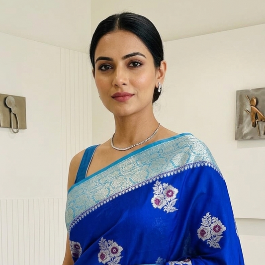 Blue Banarasi Georgette Meenakari Soft Silk Saree Alna Apparels