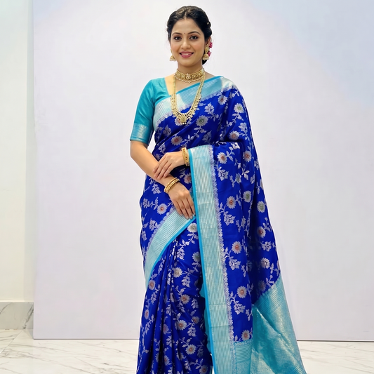 Blue Banarasi Kathan Silk Saree with Meenakari Work Alna Apparels