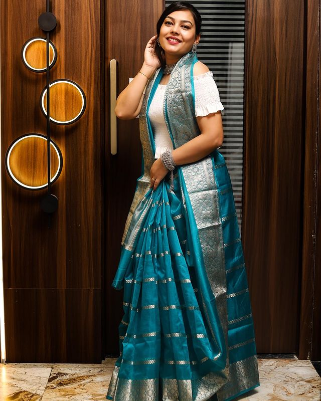 Blue Banarasi Organza Silk Saree - Alna Apparels