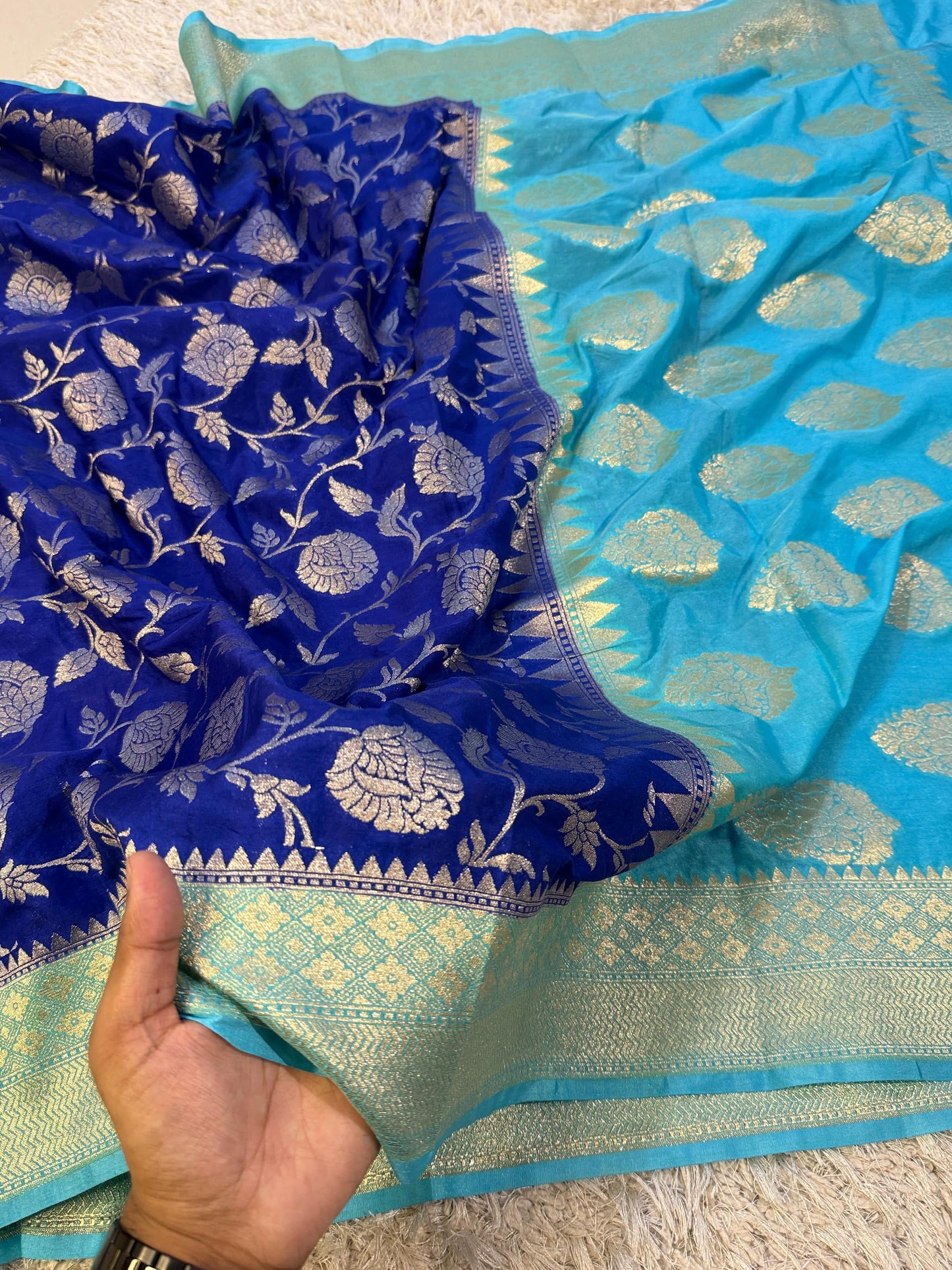 Blue Banarasi Semi Khaddi Katan Handloom Georgette Silk Saree - Alna Apparels
