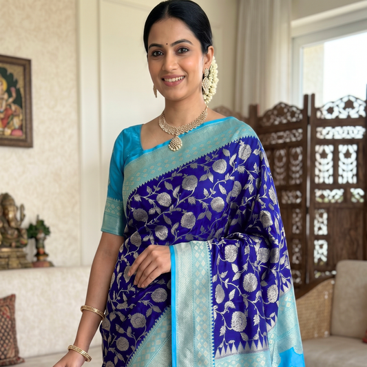 Blue Banarasi Semi Khaddi Katan Handloom Georgette Silk Saree Alna Apparels