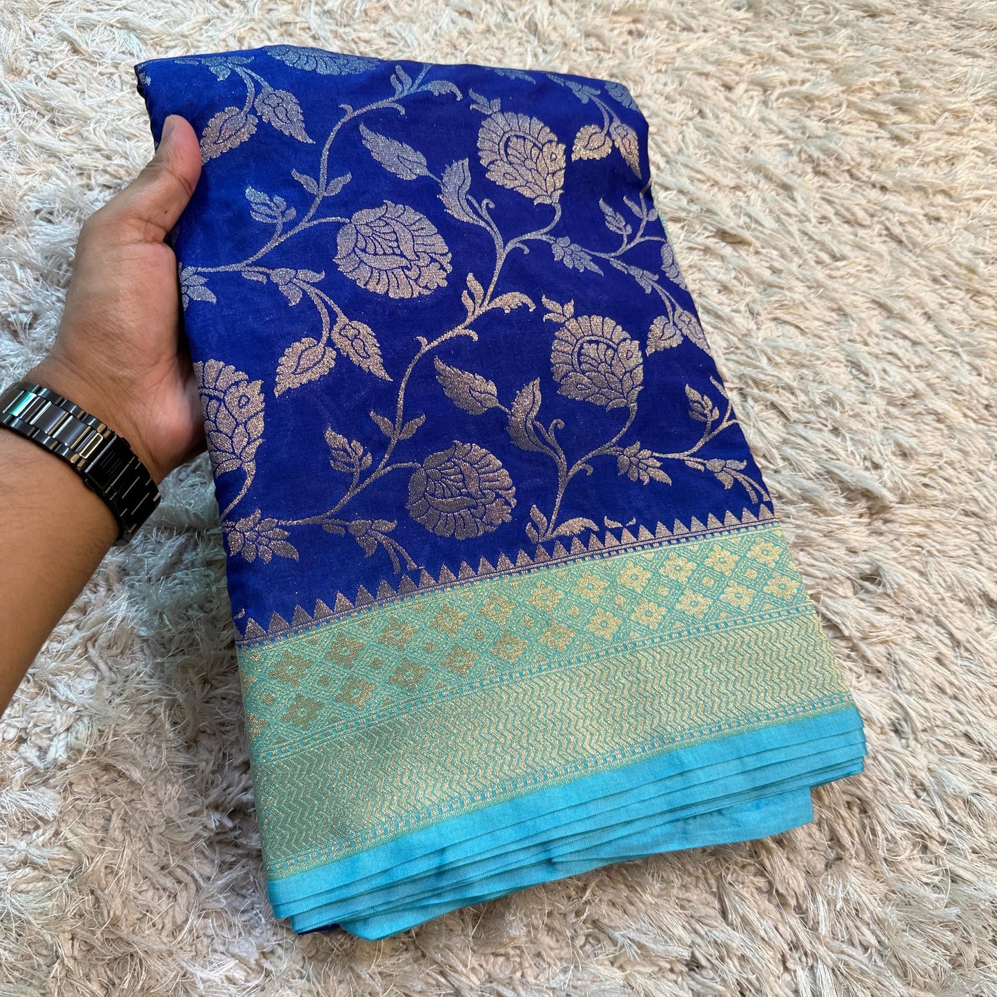 Blue Banarasi Semi Khaddi Katan Handloom Georgette Silk Saree - Alna Apparels
