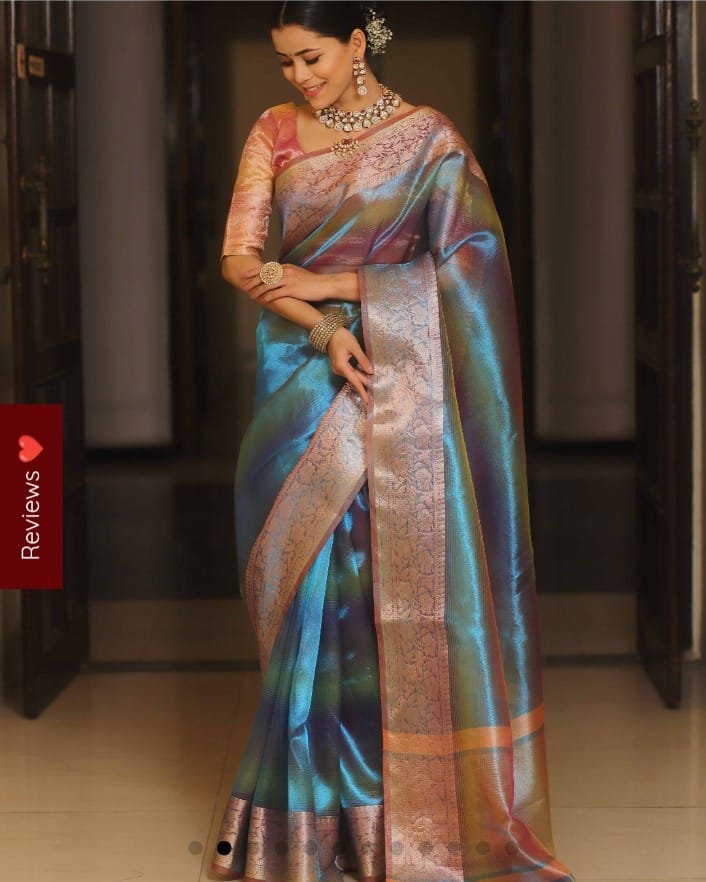 Blue Banarasi Tissue Silk Saree - Alna Apparels
