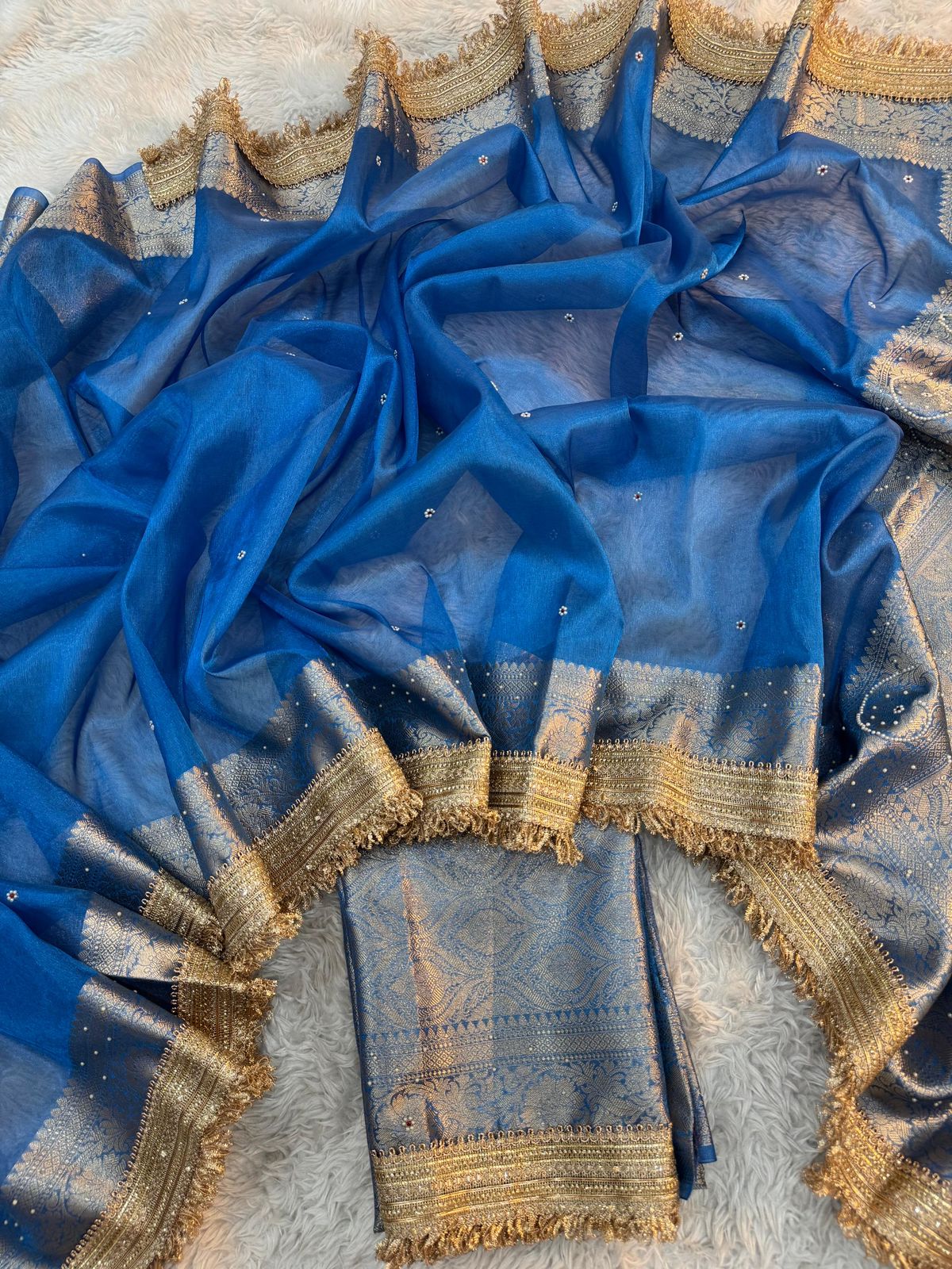 Blue Banarasi Tissue Silk Saree Classy Stone Work With Lace - Alna Apparels