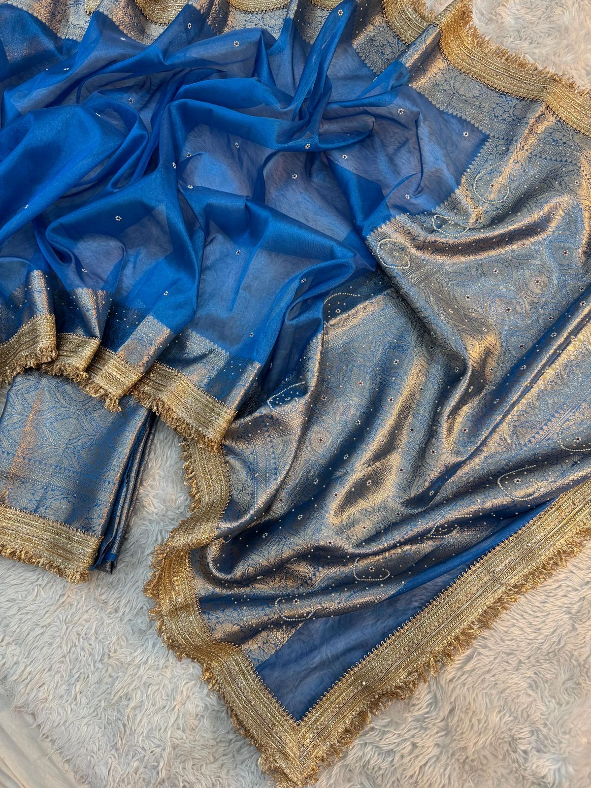 Blue Banarasi Tissue Silk Saree Classy Stone Work With Lace - Alna Apparels