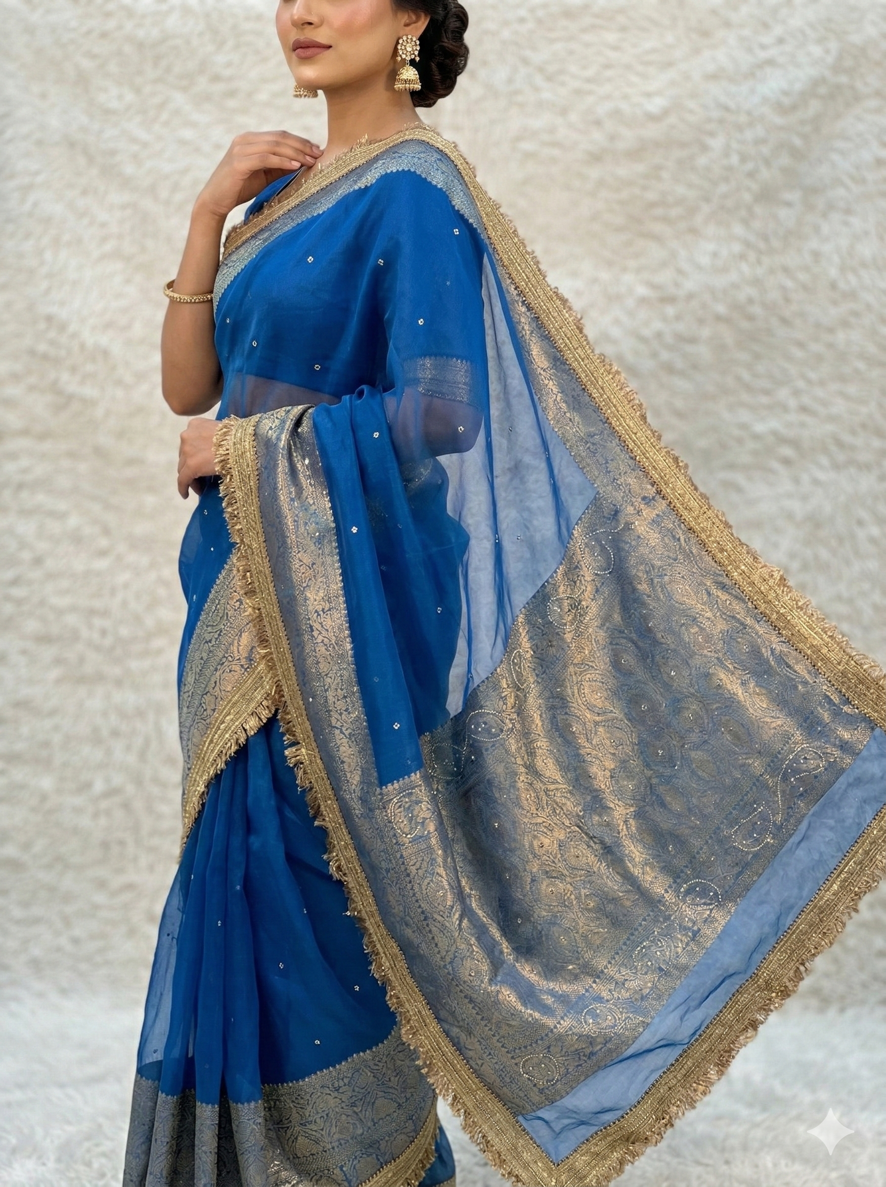 Blue Banarasi Tissue Silk Saree Classy Stone Work With Lace Alna Apparels