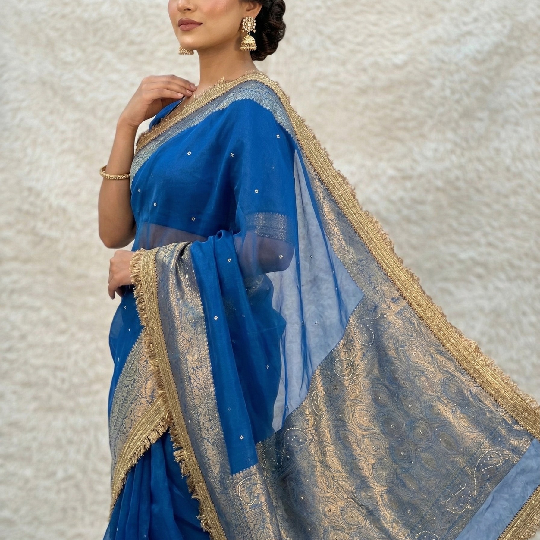 Blue Banarasi Tissue Silk Saree Classy Stone Work With Lace Alna Apparels