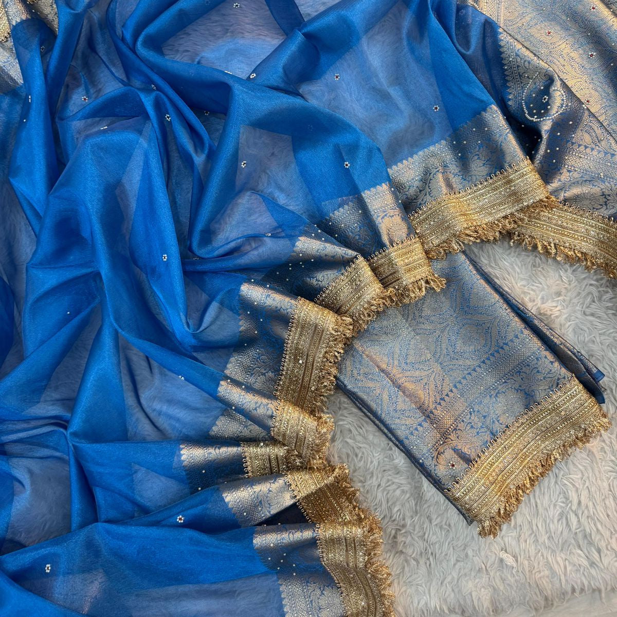 Blue Banarasi Tissue Silk Saree Classy Stone Work With Lace - Alna Apparels