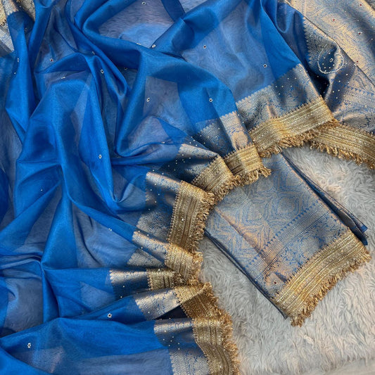 Blue Banarasi Tissue Silk Saree Classy Stone Work With Lace Alna Apparels