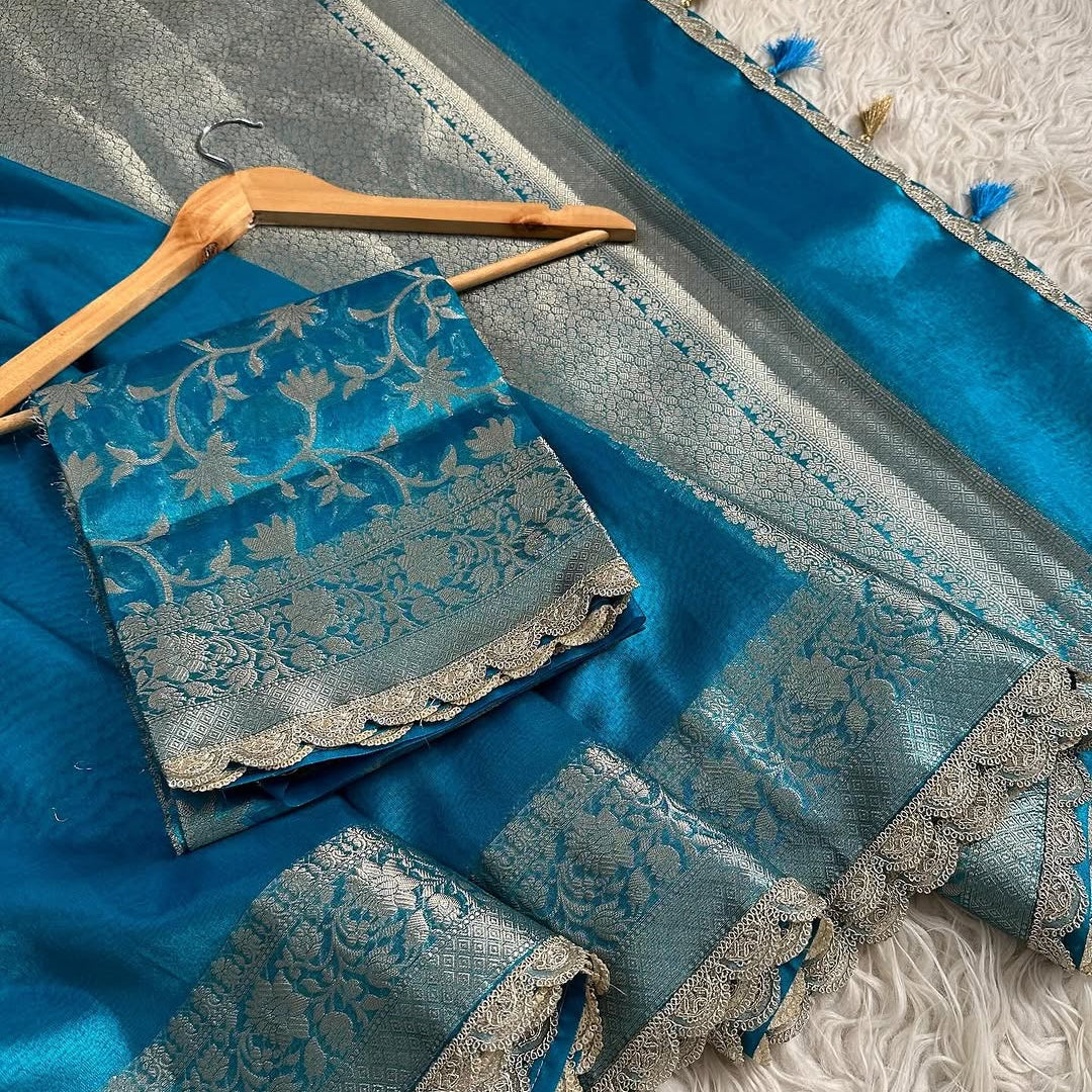 Blue Banarasi Tissue Silk Saree With Lace - Alna Apparels