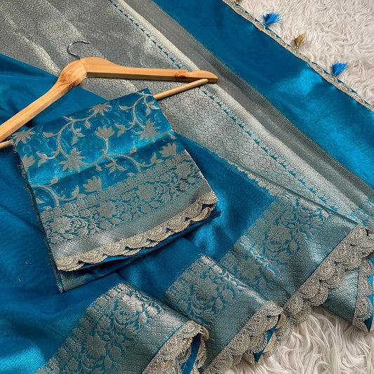 Blue Banarasi Tissue Silk Saree With Lace Alna Apparels