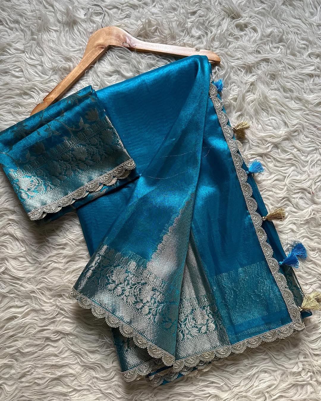 Blue Banarasi Tissue Silk Saree With Lace - Alna Apparels