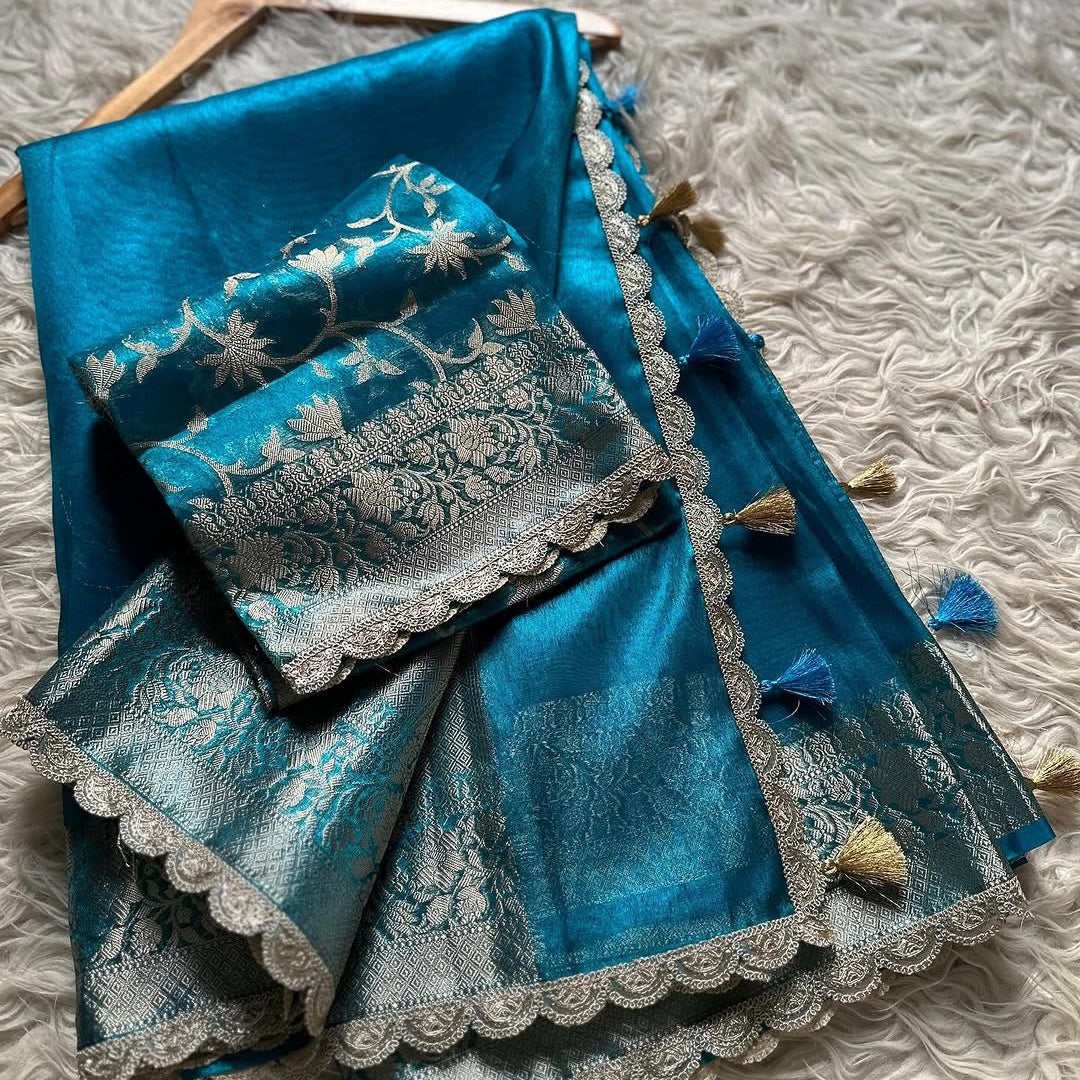 Blue Banarasi Tissue Silk Saree With Lace - Alna Apparels