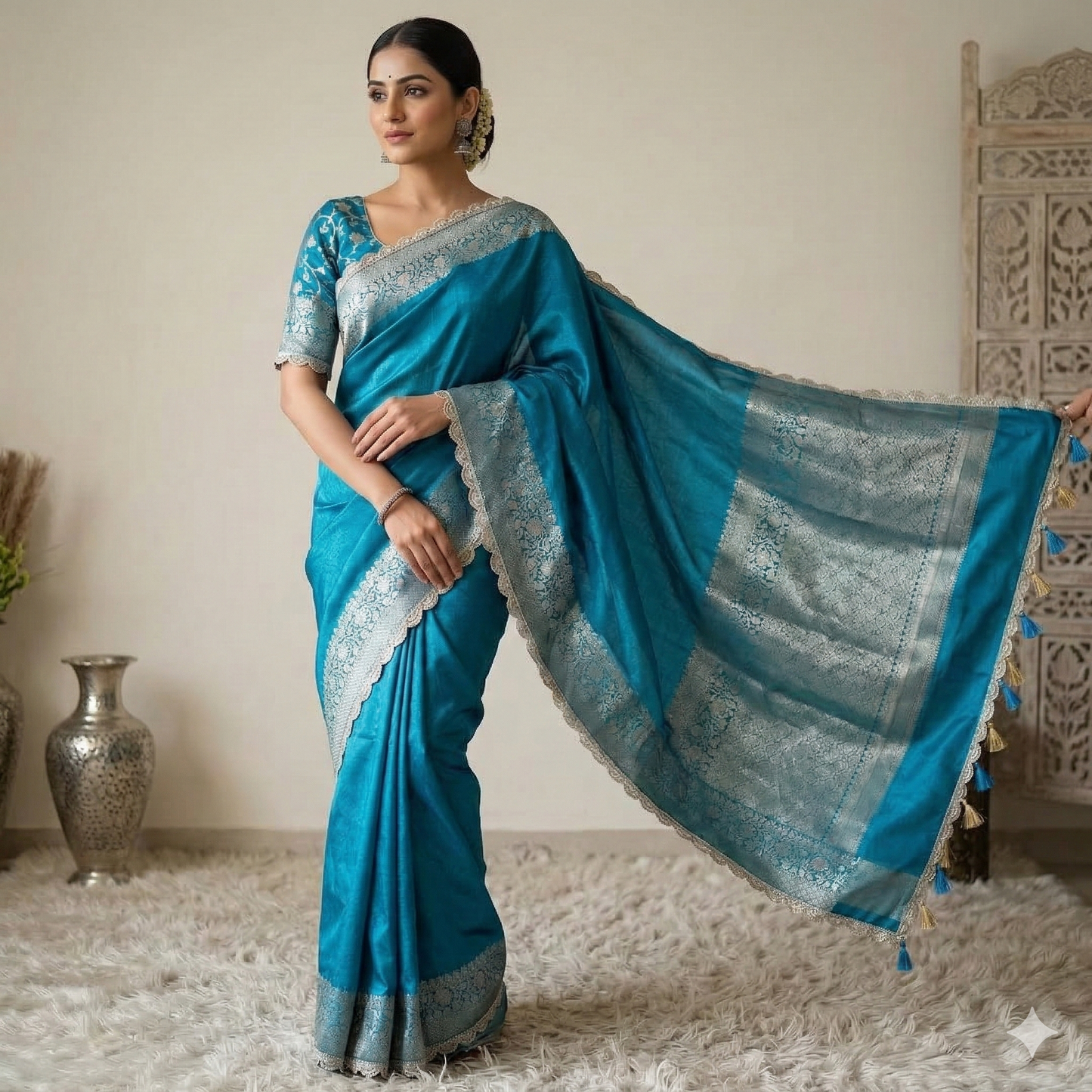 Blue Banarasi Tissue Silk Saree With Lace Alna Apparels