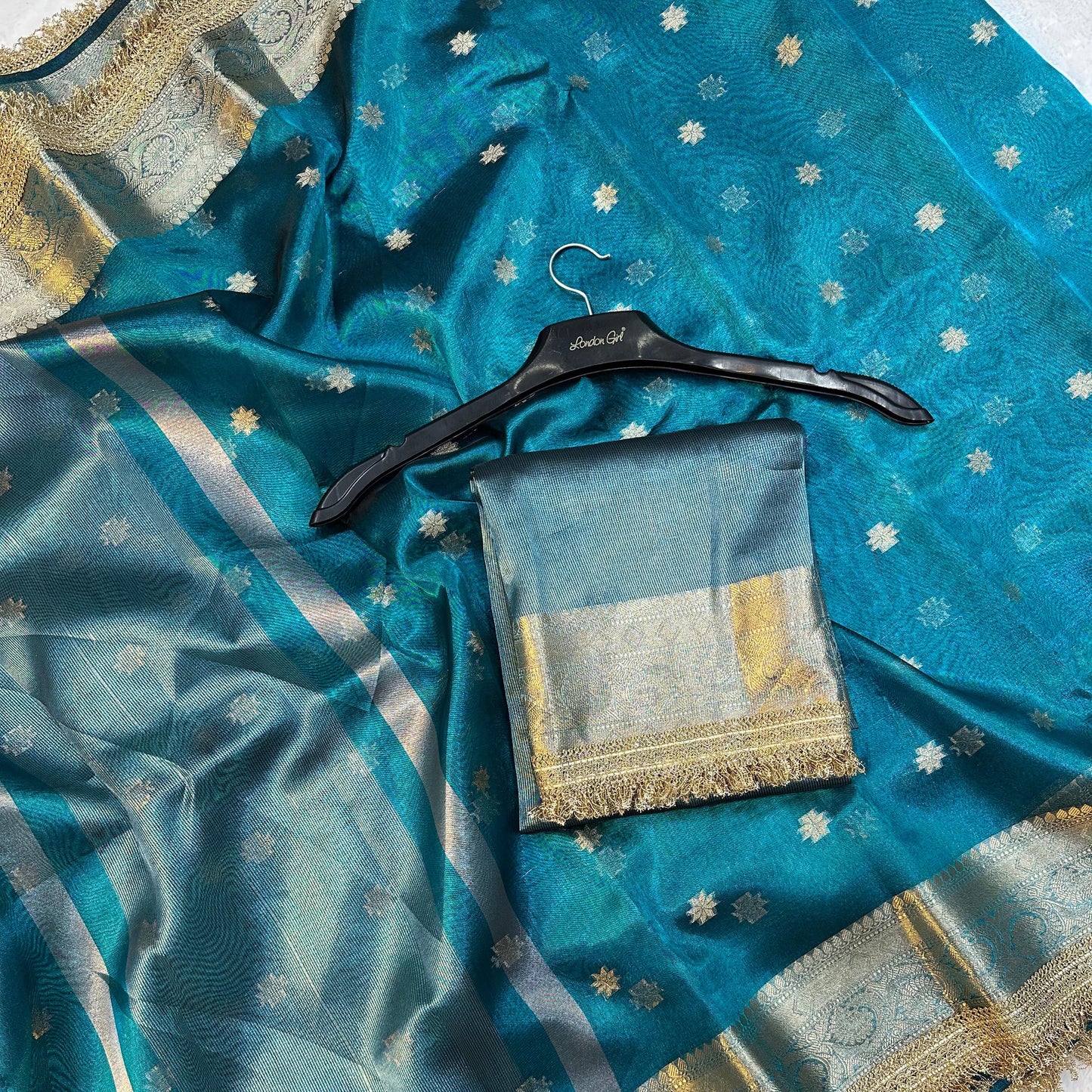 Blue Banarasi Tissue Silk Saree With Lace Work Alna Apparels