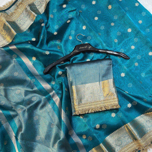 Blue Banarasi Tissue Silk Saree With Lace Work Alna Apparels