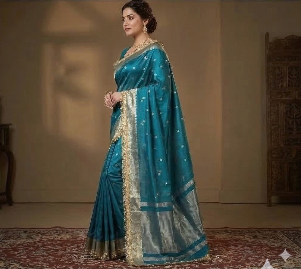 Blue Banarasi Tissue Silk Saree With Lace Work Alna Apparels