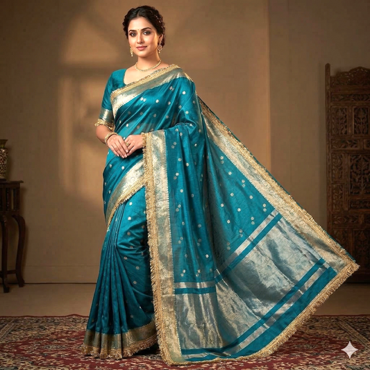 Blue Banarasi Tissue Silk Saree With Lace Work Alna Apparels