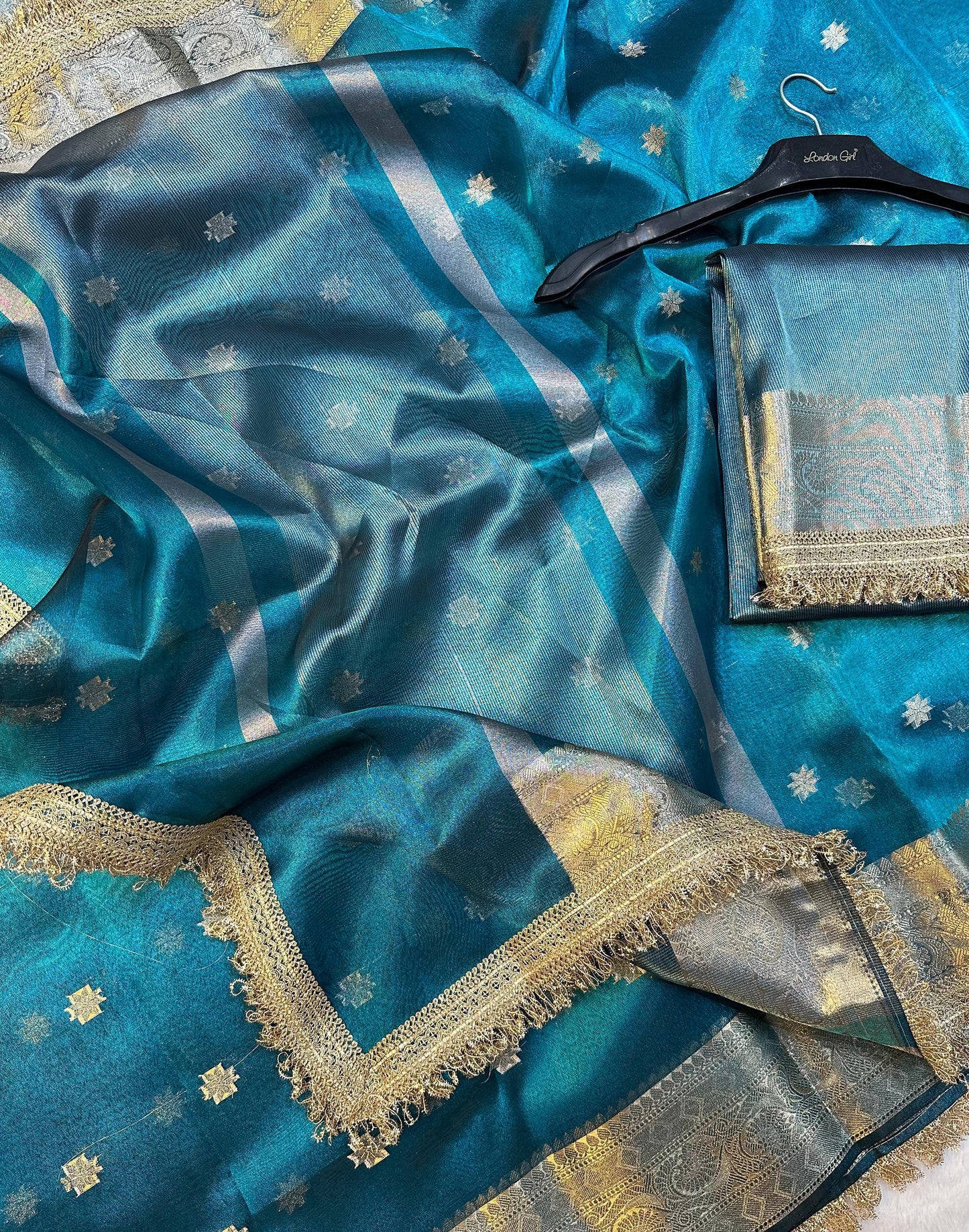 Blue Banarasi Tissue Silk Saree With Lace Work Alna Apparels