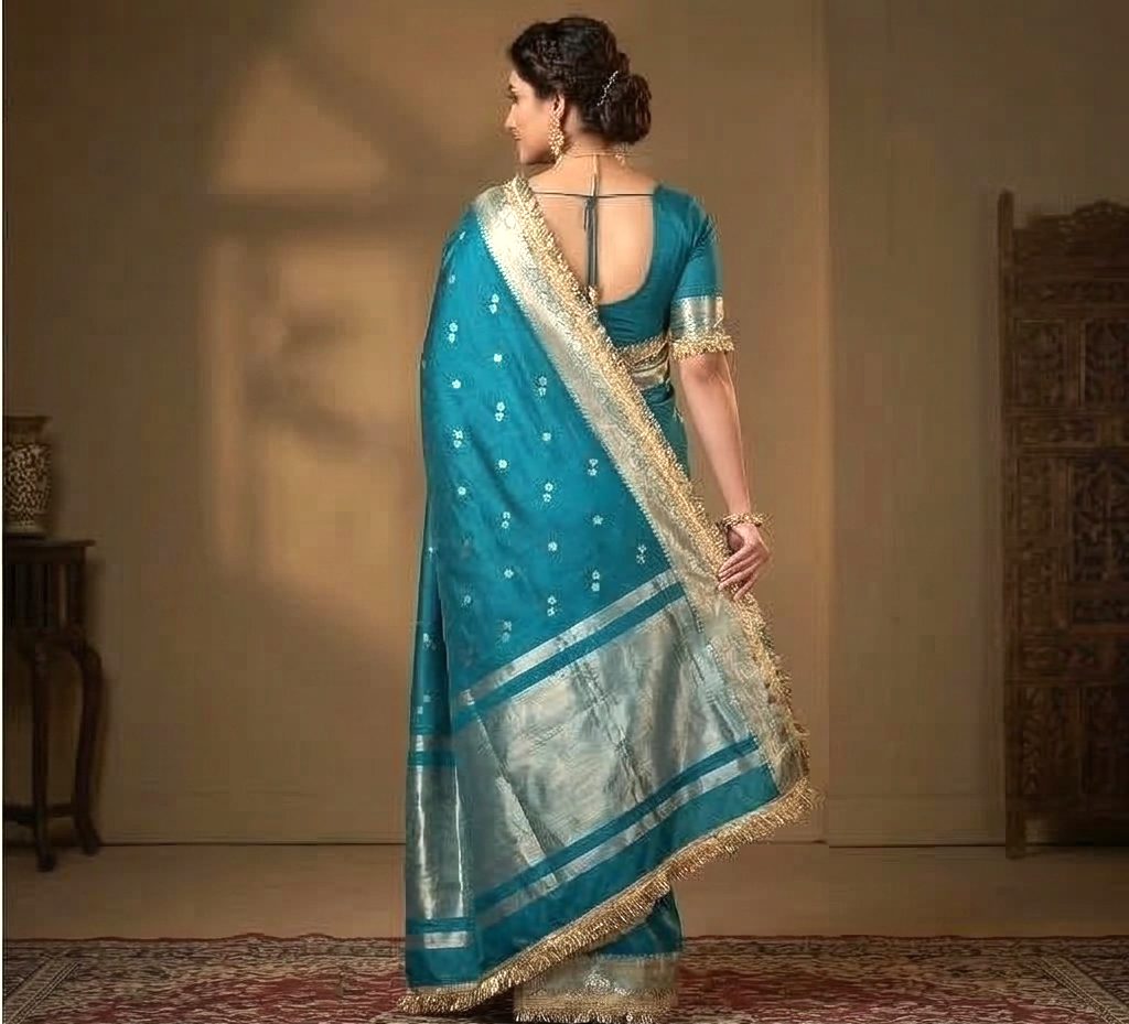 Blue Banarasi Tissue Silk Saree With Lace Work Alna Apparels