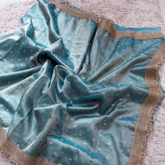 Blue Banarasi Tissue Silk Sraee With Lace Work Alna Apparels