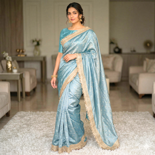Blue Banarasi Tissue Silk Sraee With Lace Work Alna Apparels