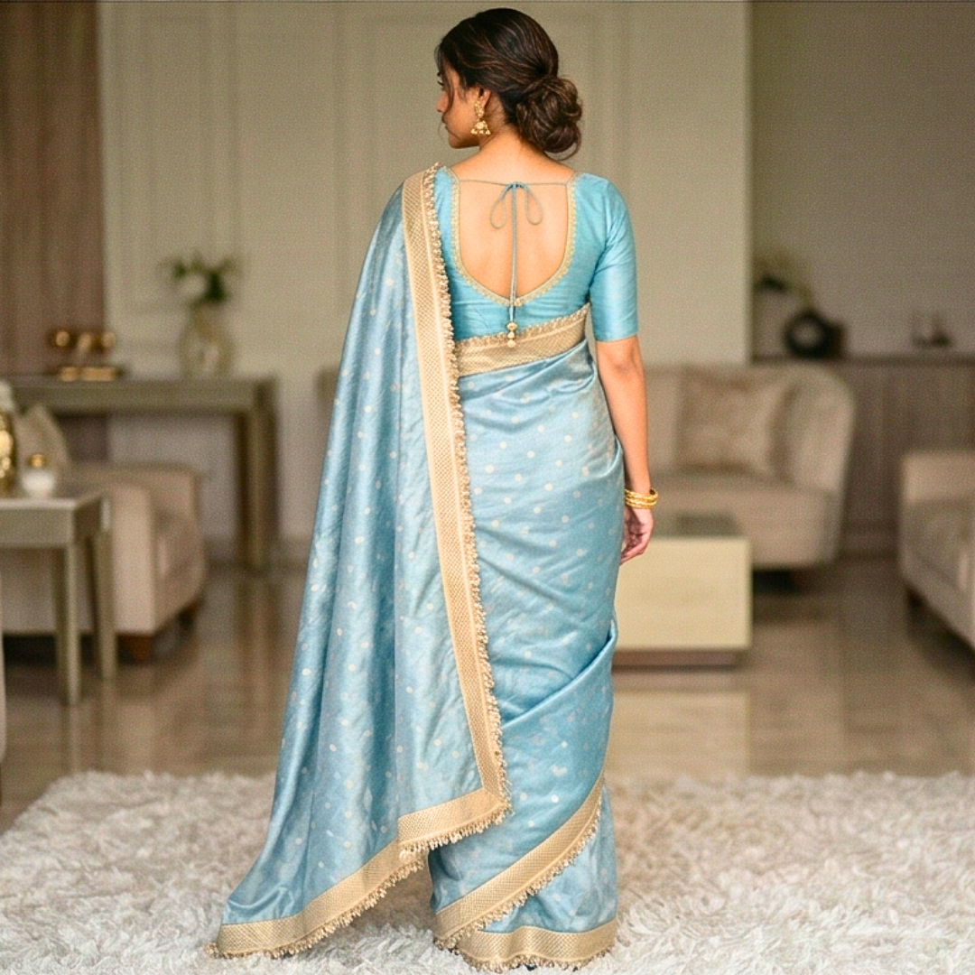 Blue Banarasi Tissue Silk Sraee With Lace Work Alna Apparels