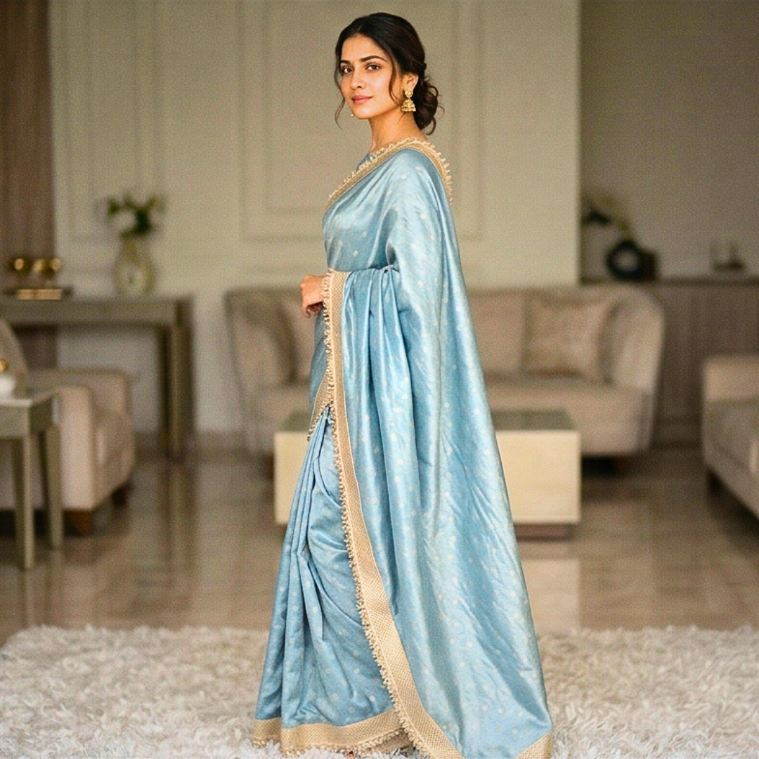 Blue Banarasi Tissue Silk Sraee With Lace Work Alna Apparels