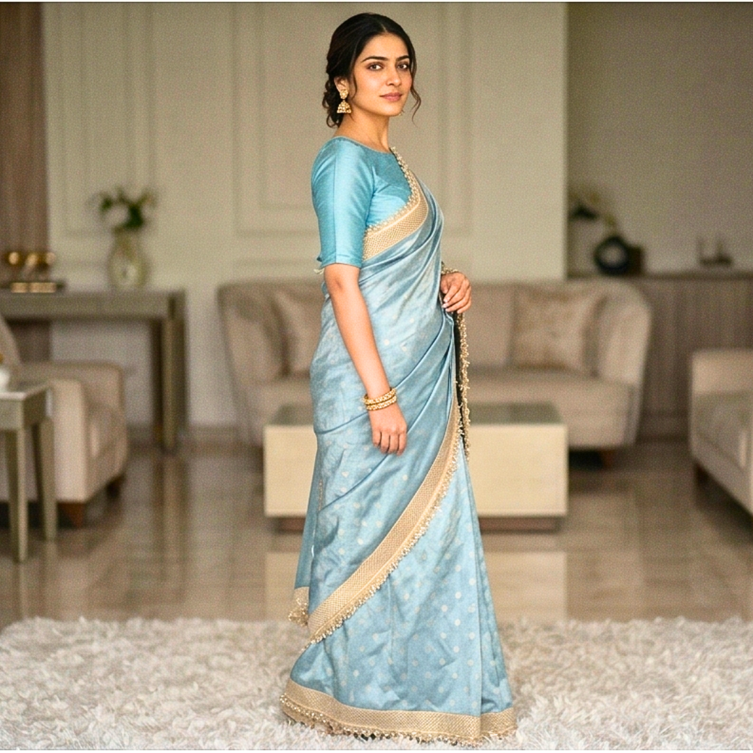 Blue Banarasi Tissue Silk Sraee With Lace Work Alna Apparels