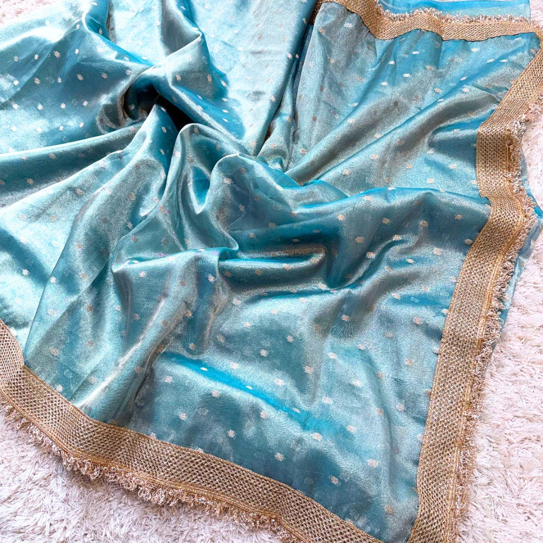 Blue Banarasi Tissue Silk Sraee With Lace Work Alna Apparels