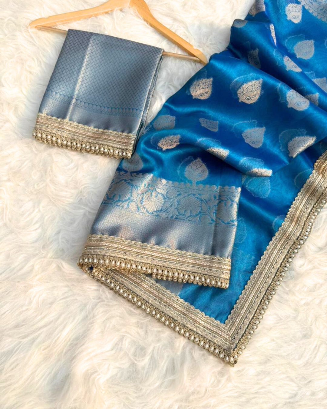 Blue Color Banarasi Tissue Silk Saree With Lace Work Alna Apparels