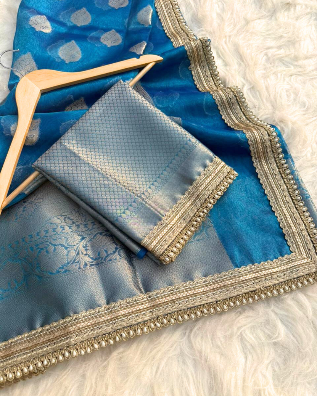 Blue Color Banarasi Tissue Silk Saree With Lace Work Alna Apparels