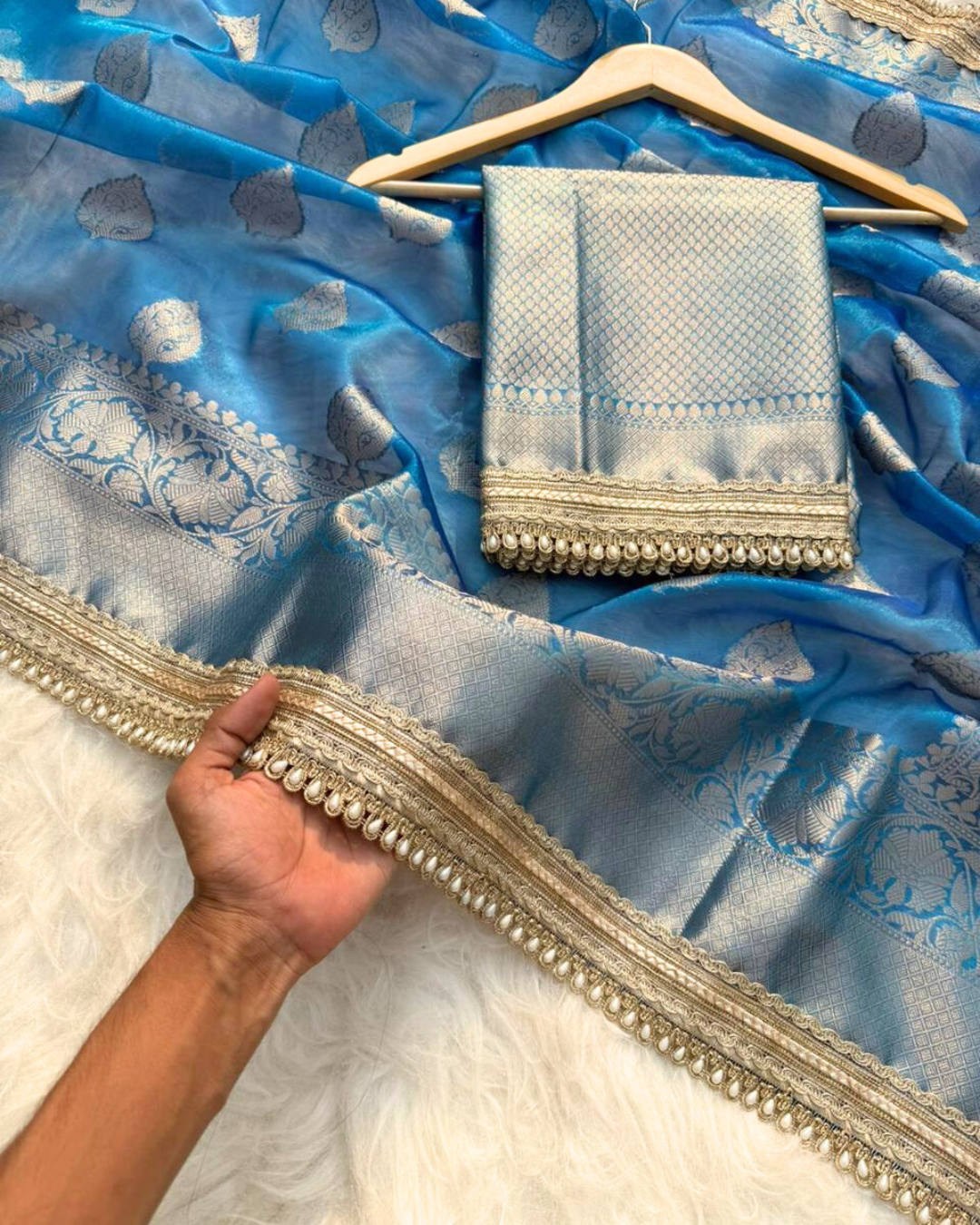 Blue Color Banarasi Tissue Silk Saree With Lace Work Alna Apparels